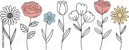 Flower set continuous line drawing. Plants one line illustration.Minimalist Prints vector illustration.