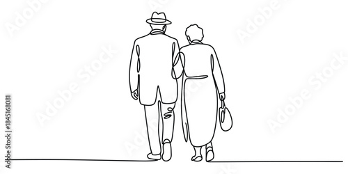 Continuous line drawing of elderly couple walking Vector, illustration