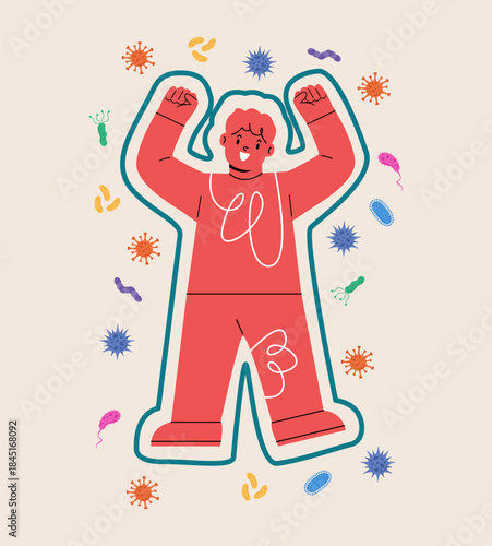 Boy with protection shield against viruses and germs. Colorful vector illustration