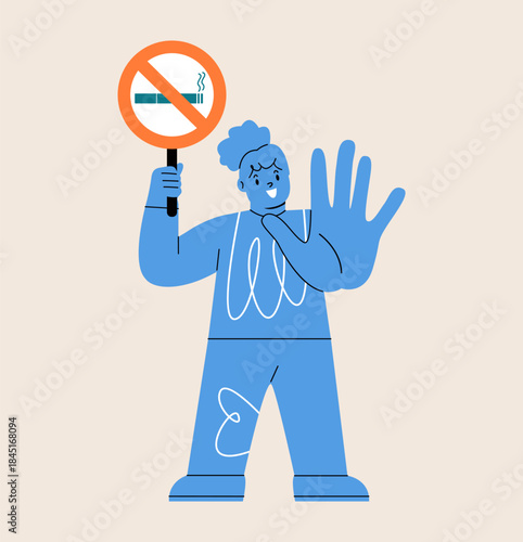 Girl holding no smoking sign board. Colorful vector illustration
