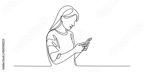 Continuous line drawing of woman using smartphone Vector, illustration