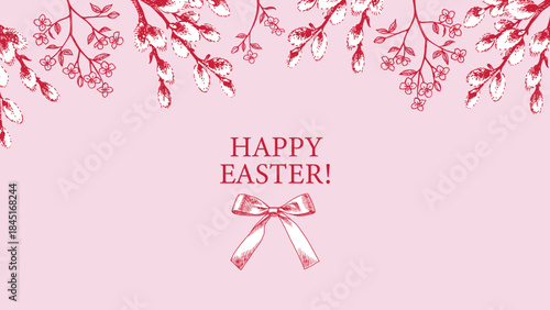 Happy Easter vintage hand drawn banner with cherry and willow branches. Greeting card and invitation design. Retro sketch vector illustration