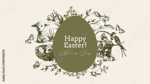 Vintage Easter hand drawn banner. Spring greeting cards and invitation design. Retro sketch vector illustration. Stickers collage elements