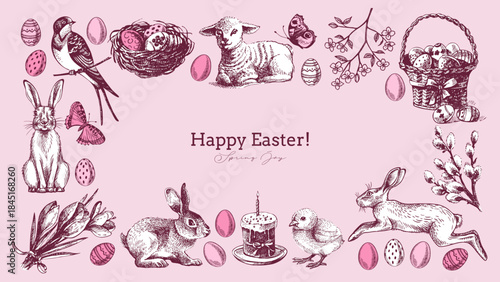 Vintage Easter hand drawn frame. Spring greeting cards and invitation design. Retro sketch vector illustration. Stickers collage elements
