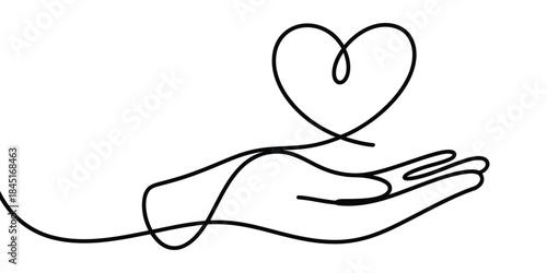 Continuous line drawing of hand and heart Vector, illustration