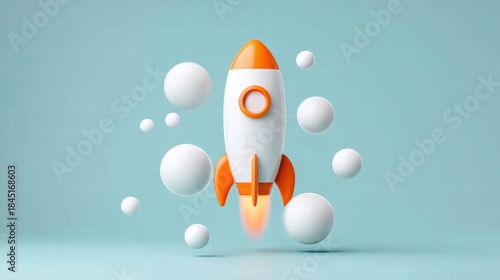Fototapeta Naklejka Na Ścianę i Meble -  3D rendering of a rocket ship launching with floating spheres.