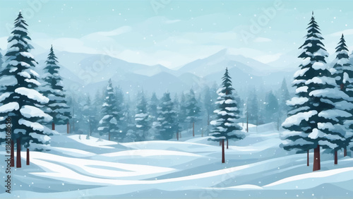 Winter landscpae with blue Sky,Cloud and Snow falling.Vector Minimal Design of Nature Village for Holiday season on New Year,Beautiful winter landscape with white snow covered ground, frosty trees 