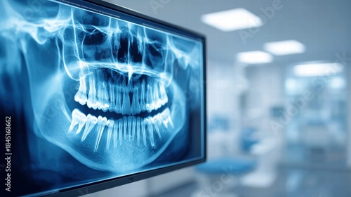 Dental X-ray displayed on a monitor in a modern dental clinic.