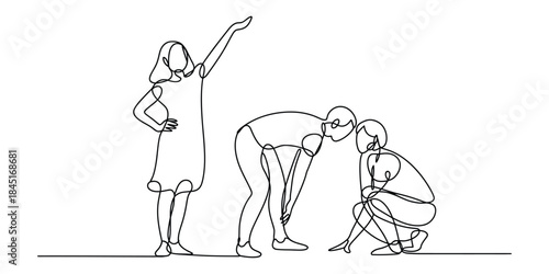 Continuous line drawing of three figures with contrasting poses Vector, illustration
