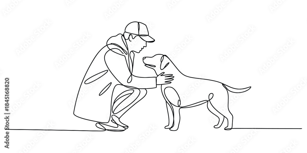 Fototapeta premium Continuous line drawing of person petting a dog Vector, illustration