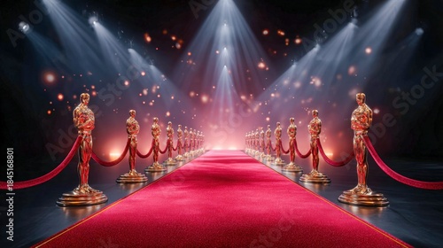 A glamorous red carpet entrance with golden statues and spotlights.