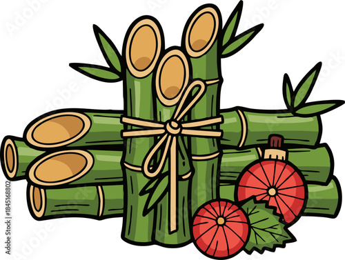 Bamboo stalks and red ornaments for New Year celebration.