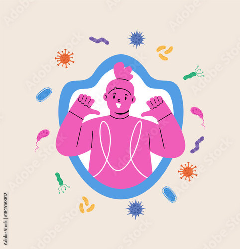Girl is protected from infection, viruses, germs by an immunity shield. Colorful vector illustration
