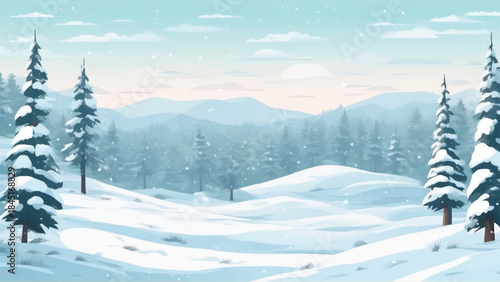 Winter landscpae with blue Sky,Cloud and Snow falling.Vector Minimal Design of Nature Village for Holiday season on New Year,Beautiful winter landscape with white snow covered ground, frosty trees 