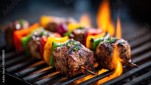 Fototapeta Naklejka Na Ścianę i Meble -  Grilled skewers with colorful bell peppers and flames