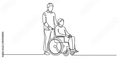 Continuous line drawing of caregiver pushing wheelchair Vector, illustration