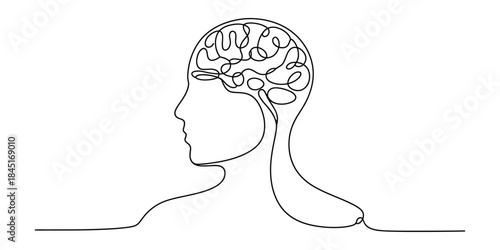 Continuous line drawing of brain in human profile Vector, illustration