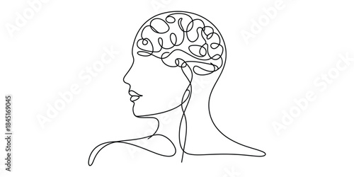 Continuous line drawing of human head with brain Vector, illustration