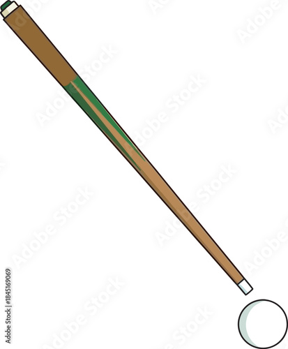 Billiard Cue and Cue Ball Vector: Detailed illustration of a wooden pool cue stick and a white cue ball. Ideal vector graphic for game rooms, sports bars, leisure activities, or billiards promotion.