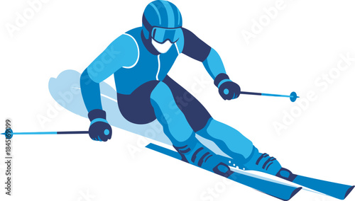 Alpine Ski Racer Vector Graphic: Vibrant, blue vector illustration of an athlete carving down a snowy slope in a crouched racing position. Excellent for winter sports events, travel ads, and fitness.