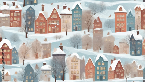 Winter landscape. Vector illustration of nature, city, houses, people, trees and mountains in the New Year and holidays. Drawings for poster,village and pine trees