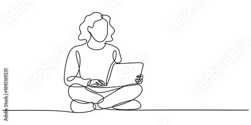 Continuous line drawing of person using laptop Vector, illustration