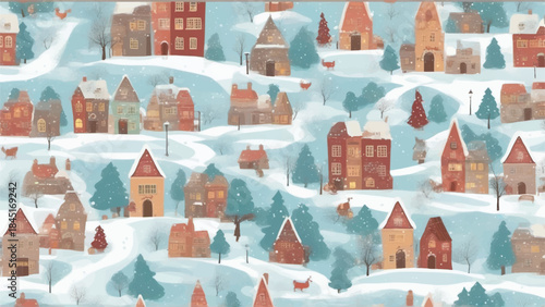 Winter landscape. Vector illustration of nature, city, houses, people, trees and mountains in the New Year and holidays. Drawings for poster,village and pine trees