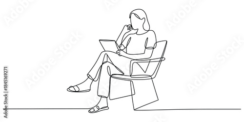 Continuous line drawing of woman using laptop Vector, illustration