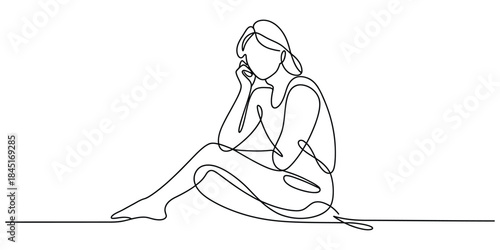 Continuous line drawing of woman pondering Vector, illustration