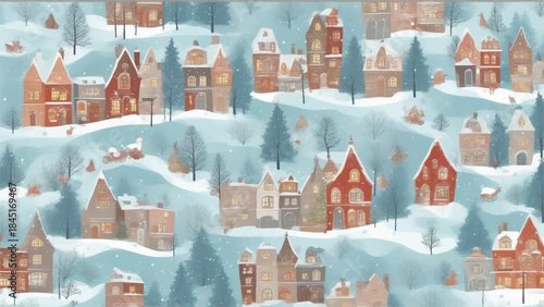 Winter landscape. Vector illustration of nature, city, houses, people, trees and mountains in the New Year and holidays. Drawings for poster,village and pine trees