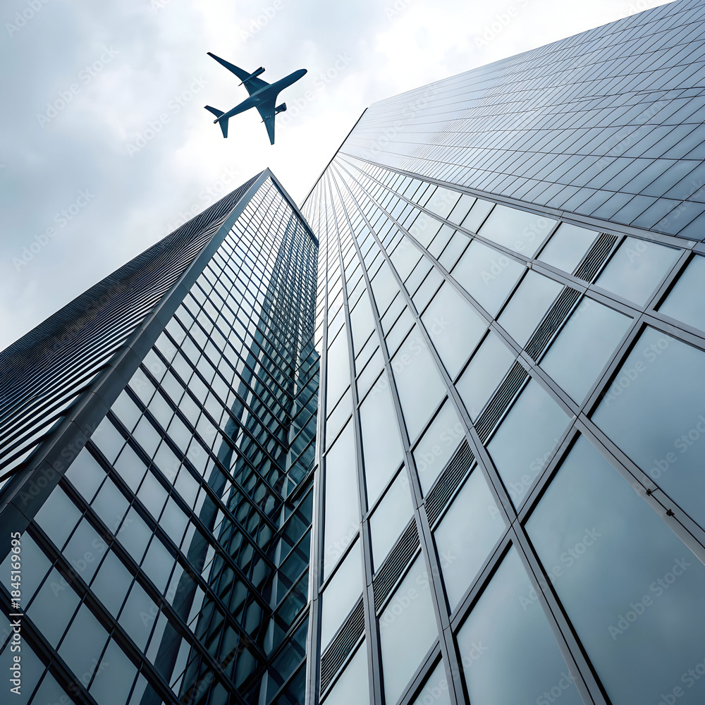Fototapeta premium airplane reflecting on blue skyscraper