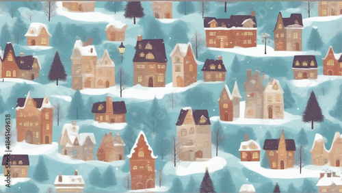 Winter landscape. Vector illustration of nature, city, houses, people, trees and mountains in the New Year and holidays. Drawings for poster,village and pine trees