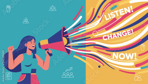 A vibrant illustration of a woman using a megaphone to advocate for listening, change, and immediate action.