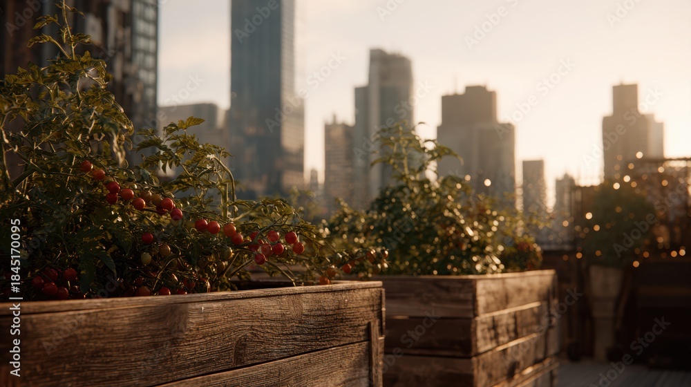 Fototapeta premium Urban rooftop garden with ripe cherry tomatoes in wooden planters at sunset with city skyline background