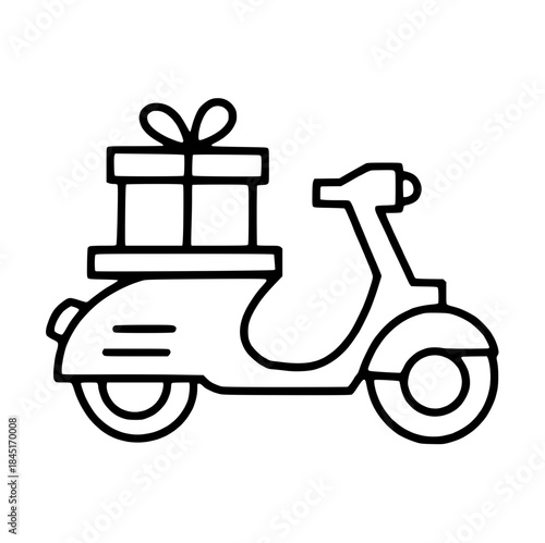 Outline scooter with gift box icon for delivery and e-commerce service