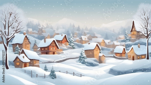 3D cozy illustration of houses on snow sorround with trees, Winter small towm/village view