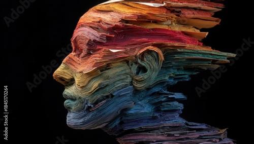 Sculpture of a human head made from colorful layered paper sheets with detailed facial features
