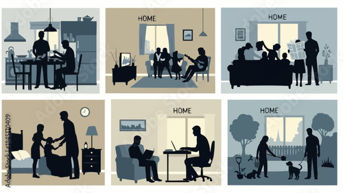 Diverse Family Activities and Home Life Scenes Depicted in Silhouettes.