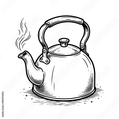 Vintage Style Whistling Tea Kettle Illustration.