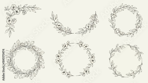 Set of six delicate floral wreath and corner elements in a vintage botanical illustration style.