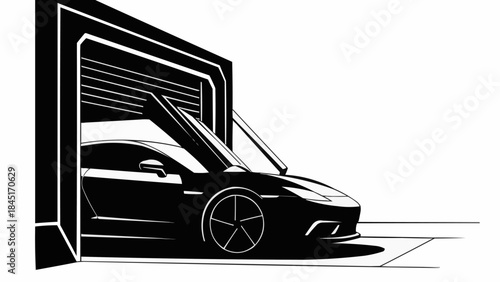 Sleek Sports Car with Doors Open in Garage.