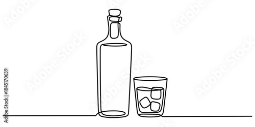 Continuous line drawing of bottle and glass Vector, illustration