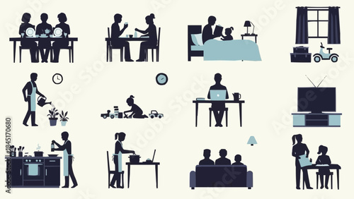 Diverse Family Life Scenes and Daily Activities Silhouettes.