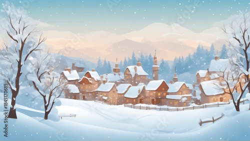 3D cozy illustration of houses on snow sorround with trees, Winter small towm/village view