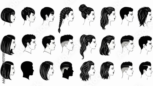 Collection of Diverse Hairstyles and Profiles of Men and Women.