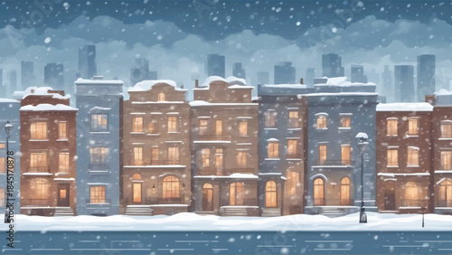 Winter Townscape with Snow Covered Buildings in Night Moon Light ,Winter Wonderland, a  winter snowy landscape