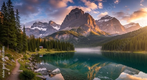 Serene Mountain Lake Landscape with Forest and Reflections a Calm View of Turquoise Water Surrounded by Evergreen Trees and Snow Capped Peaks Creating Peaceful Beauty