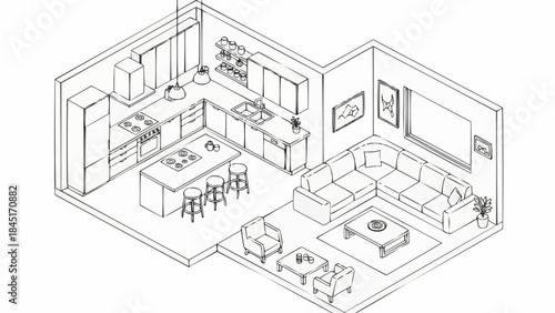 Modern Isometric Kitchen and Living Room Design Sketch.