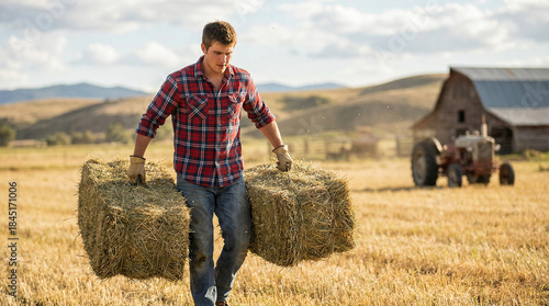 Farmer carrying hay bales in field during harvest time on a sunny day