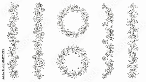Elegant Floral Wreath and Border Designs Hand Drawn Botanical Elements.